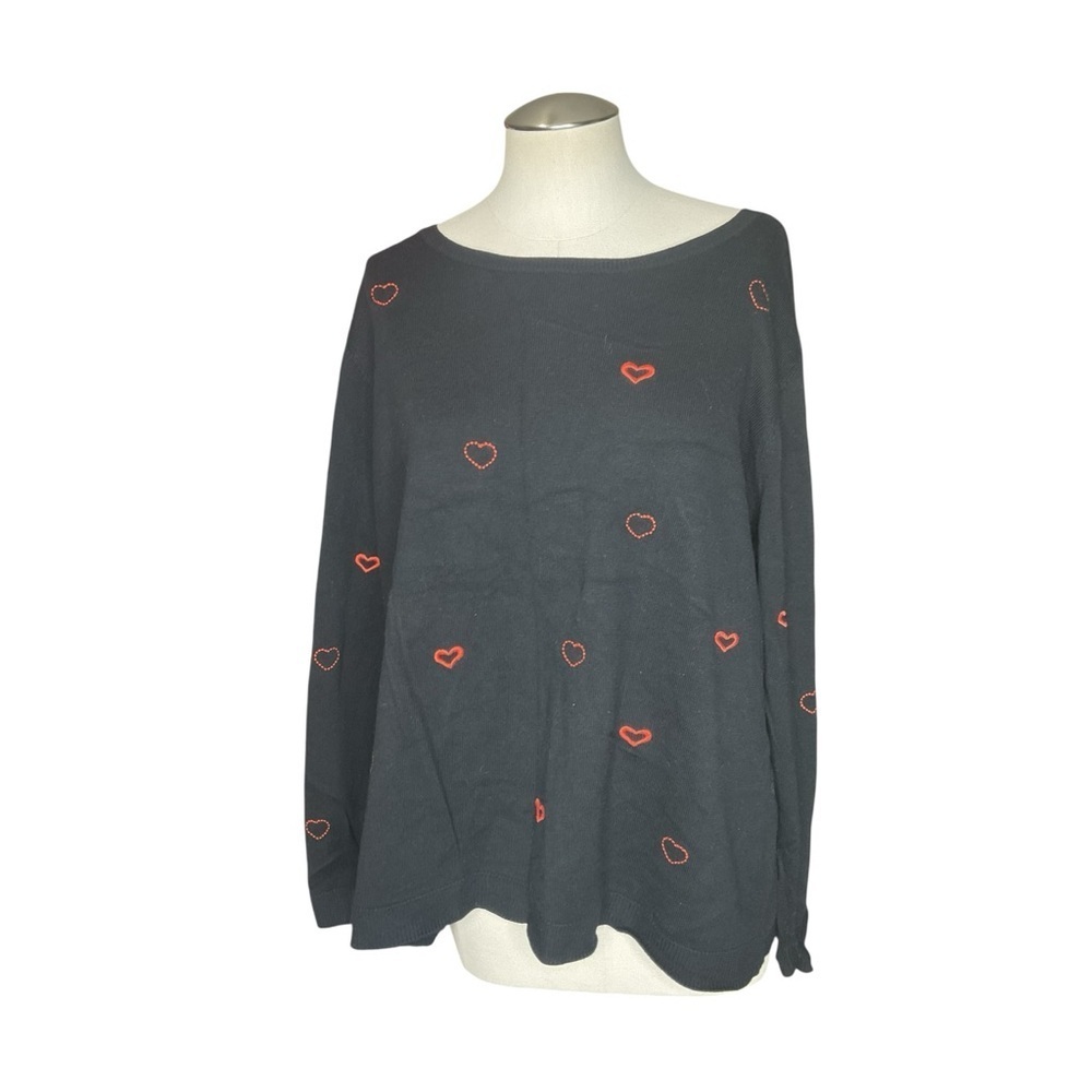 CJ Banks Black Heart Print Sweater Cozy Knit Long Sleeve Plus Size 1X